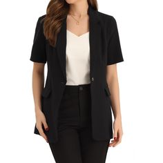 Looking for a stylish and sophisticated addition to your work wardrobe? Look no further than this lapel blazer for women. With its button-down front, lapel collar, and short sleeves, this blazer is the perfect combination of comfort and elegance. Whether you're dressing up for a big meeting or just want to add a touch of professionalism to your everyday look, this blazer is sure to impress. Pair it with some statement jewelry, dress pants, a skirt, or even jeans and you'll be ready to take on th Tailored Button-up Blazer For Career, Black Single Button Blazer Dress For Office, Black Notch Lapel Blazer Dress For Career, Black Business Casual Blazer For Office, Black Office Lady Blazer For Business Casual, Black Office Lady Blazer Dress For Work, Black Career Blazer With Welt Pockets, Professional Office Blazer With Button Closure, Professional Blazer With Pockets For Career