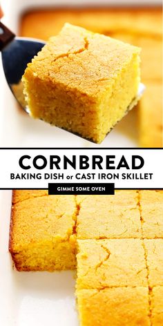 cornbread baking dish in cast iron skillet with text overlay that reads cornbread baking dish in cast iron skillet