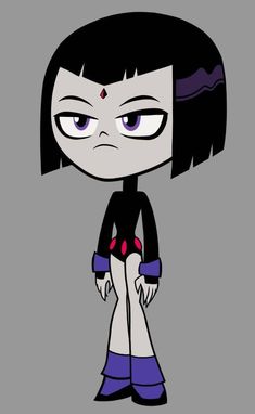 an animated girl with black hair and purple pants, standing in front of a gray background