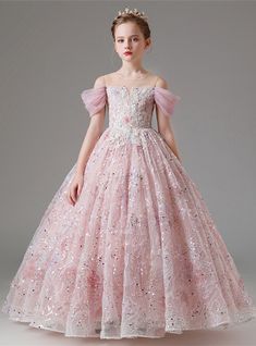 Pink Ball Gown Tulle Sequins Beading Flower Girl Dress Princess Dresses Kids Ball Gowns, Kids Gown Design, Girls Frocks Design, Princess Dresses Kids, Pink Dresses For Kids, Sequin Flower Girl Dress, Girls Ball Gown, Female Pose, Pink Ball Gown