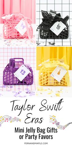 four different types of party favors with the text taylor swift and mini jelly bag gifts or party favors