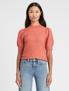 Puff-Sleeve Sweater Top | Banana Republic Puff Sleeve Sweater, High Rise Style, Zara Outfit, Top Banana, Preppy Look, Fall Essentials, The Test, Softest Sweater, Elbow Length Sleeve