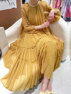 Elegant Beaded Plain Crew Neck Maxi Dress Retro Party Outfit, Silk Yellow Dress, Comfortable Maxi Dresses, Ruffled Silk Dress, Veil Dress, Contemporary Dresses, Goddess Dress, Summer Elegant, Silk Dress Long