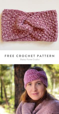 a woman wearing a knitted headband with the text free crochet pattern