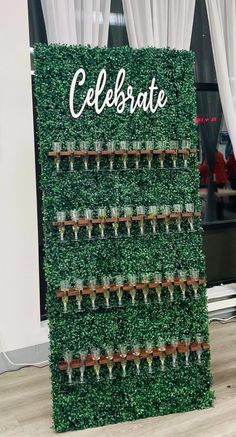 a green wall display with wine glasses on it