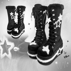 Wedge soles, 10cm heel alternative fashion winter platform boots, with fleece star patches, front lace up ties. Y2K fashion under knee mid-length boots.  The price is for a pair of boots only, others are not included.  Garment Size   	 		 			Size 			34 			35 			36 			37 			38 			39 			40 		 		 			Foot Length 			22.0 			22.5 			23.0 			23.5 			24.0 			24.5 			25.0 		 		 			Heel 			10 			10 			10 			10 			10 			10 			10 Alternative Fashion Winter, Alternative Boots, Emo Scene Outfits, Platform Shoes Boots, Star Patches, Painted Canvas Shoes, Dr Shoes, Star Boots