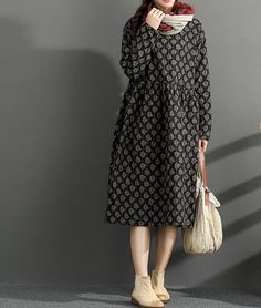 Cotton and linen loose long dress printed large size long Brown Linen Fall Dress, Black Linen Dress For Fall, Black Linen Dresses For Fall, Black Long Sleeve Linen Dress For Fall, Black Linen Long Sleeve Dress, Linen Long Dress, Linen Kaftan, Dark Brown Dress, Dresses Linen