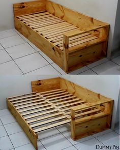 two pictures of a bed frame made out of wooden pallets and one with no mattress