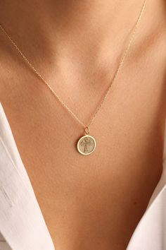 Elegant Commemoration Jewelry With Charms, 14k Stamped Amulet Style Round Pendant Necklace, 14k Gold Amulet Pendant Necklace, Spiritual Yellow Gold Coin Necklace As Gift, Yellow Gold Amulet Coin Necklace As Gift, Commemoration Pendant Necklaces With Charms, Amulet Style Commemoration Necklace With Round Shape, Round Locket Jewelry For Commemoration, Fine Jewelry Coin Necklace With Round Pendant