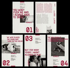 four brochures with red and black text on them, including one for women