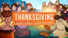 an animated thanksgiving video game with jesus and other people in front of the words, thanks giving