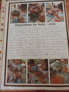 an open book with pictures of children and writing on the page, in front of it