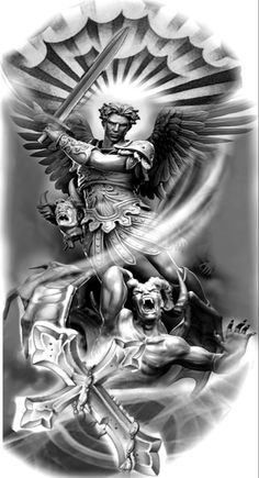 Guardian Angel Warrior Tattoo, St Michael Tattoo Design, Guardian Angel Tattoo For Men, St Michael The Archangel Tattoo, Saint Michael Tattoo, Flash Tattoo Sleeve, Angel Warrior Tattoo, St Michael Tattoo, Arm Tattoos Black