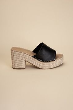 Step into style and comfort with our black Platform Espadrille Heel Mules! Perfect for any vacation or beach getaway, these mules will elevate your look with their trendy block heel. Slip them on and step out in style! Fit true to size High Heel Mules With Padded Heel For Beach, Beach Open Toe Mules With Padded Heel, Heeled Mules With Padded Heel For Beach, Black High Heel Wedge Sandals For Beach, Black Wedge Sandals For Beach And Spring, Black Wedge Sandals For Beach In Spring, Black Wedge Sandals For Beach, Spring Season, Vacation High Heel Mules With Padded Heel, High Heel Mules With Padded Heel For Vacation