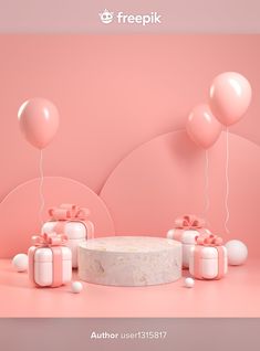 pink balloons and presents are on display in front of a pink background with white balls