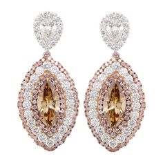 18kt handmade earrings with center cognac marquise GIA certified 3.97 and 1.00ct GIA certified pear shapes and 3.66 ct of pink and white pave diamond halo Pear Shapes, Brown Jewelry, Jewelry Accessories Ideas, Dope Jewelry, Precious Jewels, Brown Diamond, Women Diamond, Pear Shaped Diamond, Diamond Drops