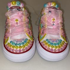 Custom Converse Designed With Ab Soft Petal Pearls, Ab Minty Pearls, Ab Sunny Pearls, Ab White Pearls, Ab Pink Jelly Rhinestones, And Ab Clear Rhinestones!! Shoe Is Topped Off With Beautiful Soft Pink Laces! Can Be Customized According To Color! Allow 3 Business Days To Create Your Masterpiece! Playful Multicolor Converse Sneakers, Mickey Shoes, Converse All Star Pink, Converse Design, Bedazzled Shoes, Teal Shoes, Classic Converse, Toddler Converse, Leather Converse