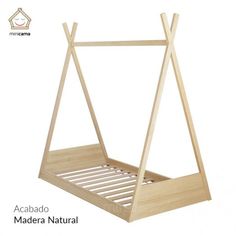 the wooden bed frame is made to look like it has two legs and no headboard