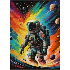 an oil painting of an astronaut in outer space, with planets and stars behind him