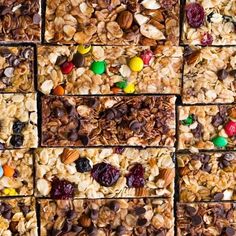 many different types of granola are arranged in squares