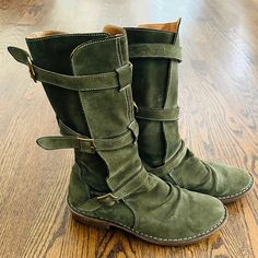 Fiorentini + Baker | Eternity Suede Leather Tall Moto Boots Olive Green Triple Buckle Distressed Green Suede Natural Leather -Mid-Calf Biker Boot With Functional Straps Size: 38 European / 7.5 U.S. Condition: Pre-Owned, Excellent Condition (See Photos) Made In Italy. Made To Last Boots Olive Green, Green Suede, Fantasy Fashion, Moto Boots, Green Leather, Shoes Heels Boots, Natural Leather, Biker Boot, Mid Calf