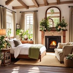 a bedroom with a bed, chair, fireplace and windows in it's center