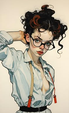 a painting of a woman with curly hair and glasses on her head, wearing suspenders