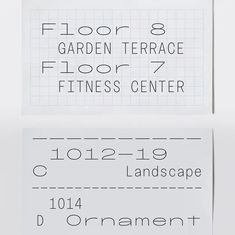 two signs with numbers on them that say floor 8, garden terrace, floor 7, fitness center, and 1014 - 19 landscape d ornamement