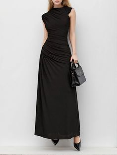 Folded Sleeve Midi Dress Chic Ruched Sleeveless Dress For Formal Occasions, Elegant Ruched Sleeveless Formal Dress, Elegant Ruched Sleeveless Dress, Sheath Ruched Maxi Dress For Date Night, Ruched Sleeveless Dress For Formal Occasions, Formal Ruched Sleeveless Dress, Elegant Maxi Dress With Asymmetrical Neckline, Formal Sheath Maxi Dress With Ruched Detail, Elegant Black Sleeveless Formal Dress