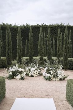 an outdoor wedding ceremony with white flowers and greenery in the back ground, surrounded by hedges