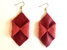 These modern earrings are hand-crafted from real leather. The unique geometric design is sure to make a statement! They hang from either a nickel or antique brass toned fishhook ear wire, depending on the color selected. The earrings are made upon order, so if you have any special requests, please contact me and I will try to meet your specific needs. (Earrings in photo are Dark Brown.) The leather used comes from repurposed upholstery samples that have been diverted from the landfill thanks to Red Leather Earrings For Gifts, Brown Geometric Earrings Gift, Brown Geometric Earrings As Gift, Handmade Brown Geometric Earrings, Leather Gifts For Her, Map Ornaments, Leather Jewellery, Bookclub Gifts, Jewelry Real