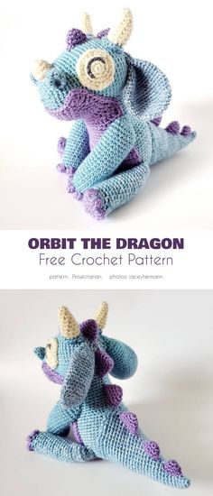 two crocheted stuffed animals with horns and horns on them, one is blue and the other is purple