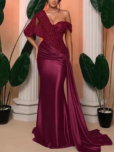 Trumpet/Mermaid One Shoulder Wedding Guest Dresses Evening Dress With – Koutun Dress Weddings Idea, Wedding Guest Dresses, Gala Dresses, Dresses Evening, Tea Length, Guest Dresses, Black Tie, Birthday Celebration, Wedding Guest Dress