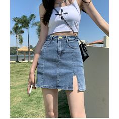 Summer High Waist A-Line Denim Skirt Fabric: 72.2% Cotton+24.2% Polyester+2.2% Spandex+1.4% Viscose Size: S, M, L, XL, 2XL Multiple Color Selections: Blue  Season: Summer A Line Denim Skirt, Short Pollera, High Waisted Denim Skirt, Denim Skort, Blue Denim Skirt, Black Pleated Skirt, Wrap Around Skirt, Denim Midi Skirt, Feminine Look