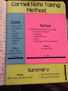 an open notebook with notes on it and the words'correct note taking method '