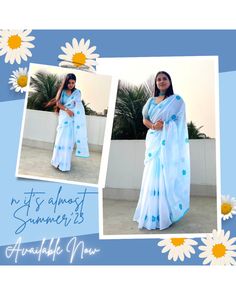 Gone are the days where you cannot wrap a saree coz it's hot outside.Every saree in this collection is made of 100% pure Mulmul cotton , in soothing fresh colours , with beautiful hand block prints of summer flowers. Dip yourself in our limited edition Summer'23 Cotton Sarees , and be the summer flower and the evening breeze that the world is waiting for. Detailed Description Body Colour : Sky Blue Border  : No Border , Lace detailing at Aanchal end Pattern : Floral handblock prints on tie and dye fabric Blue Bollywood Saree For Summer, Bollywood Style Blue Saree For Summer, Blue Summer Festive Saree, Summer Festive Blue Saree, Summer Blue Saree With Pallu, Blue Cotton Saree For Diwali, Blue Cotton Dupatta For Summer, Summer Pallu Saree Unstitched, Unstitched Saree With Pallu For Summer