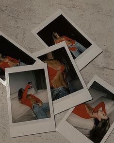 four polaroid photos of a woman laying on a bed