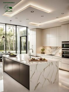 a large kitchen with marble counter tops and white cabinets, along with an island in the middle