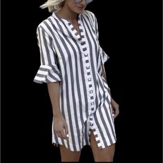 White And Gray, Striped Button-Down Shirt, Dress Button Front Stand Up Collar Size Large Button Down Shirt Dress, Stand Up Collar, Button Front Dress, Button Dress, Grey Stripes, Stand Up, Button Downs, Button Down Shirt, Shirt Dress