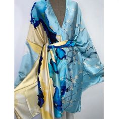 All Inclusive Kimono (Short) Elegant V-neck Kimono For Spring, Spring Wrap Robe With Relaxed Fit, Flowy Long Sleeve Spring Kimono, Spring Long Robe With Relaxed Fit, Silk V-neck Summer Robe, Blue Long Sleeve Robe For Spring, Long Sleeve Blue Robe For Spring, Spring Wrap Robe For Beach Cover-up, Elegant Long Sleeve Relaxed Fit Kimono