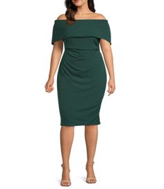 From Vince Camuto Plus, this dress features:Sheath silhouette off-the-shoulder necklineShort sleevesLinedCenter back zip closureApprox. 43" length Polyester/rayon/spandex Dry cleanImported. Elegant Green Off-shoulder Cocktail Dress, Elegant Green Off Shoulder Cocktail Dress, Elegant Fitted Green Off-shoulder Dress, Elegant Fitted Green Off Shoulder Dress, Elegant Green Bodycon Dress With Straight Neckline, Dillard's, Designer Wear, Fold Over, Fast Fashion