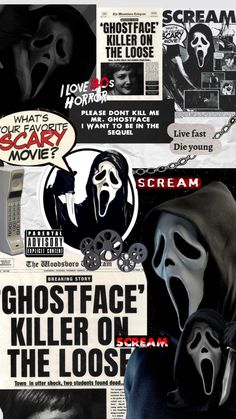 a collage of images with masks and words on them, including scream poster, ghostface's killer on the loose