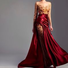 Mesh-Embellished Red Rose Dress With A Elegantly Placed Half Overskirt And Red Silk Pedal Embellishments All Handmade Red Fantasy Dress, Yellow Bell Bottoms, Rose Petal Dress, Exotic Dancer Outfits Clubwear, Rose Pedals, Red And Gold Dress, Event Attire, Dancer Outfits, Red Rose Dress