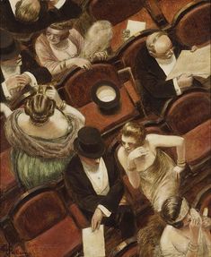 a painting of people sitting in an auditorium with their backs turned to the camera and looking at papers