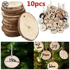 christmas ornaments made out of wood and decorated with handwritten words are shown in three different pictures