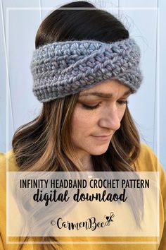 a woman wearing a crochet headband with text overlay that reads, infinite headband crochet pattern digital download