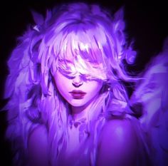 a woman with long blonde hair and purple feathers on her head is shown in this artistic photo