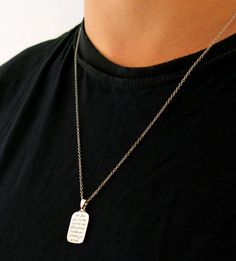 "Personal and unique dog tag necklace engraved with initials, date, name or message of your choice. The rectangle silver tag has a high glare metal finish that gives a very chic look to this man's name necklace. This is a modern and trendy engraved dog tag necklace that will be the most perfect personal touch for yourself and your loved one. No matter the reason, this engraved necklace makes an impact and it is perfect for becoming your signature piece. Custom engraving: We offer high-quality la Engraved Necklace Men, Engraved Necklace For Men, Name Necklace For Men, Necklace For Men Silver, Name Tag Necklace, Mens Dog Tag Necklace, Diamond Necklace Gift, Quote Necklace, Hamsa Necklace Gold