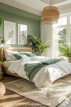 Discover calming bedroom ideas green and white that transform your space into a peaceful retreat. Explore more soothing color combinations and design tips on our website. Green Walls Bedroom, Green Boho Bedroom Ideas, Green Room Ideas Bedroom, Green Boho Bedroom, Green And White Bedroom, Cosy Flat, Cosy Bed, Sage Green Bedroom, Retreat Ideas