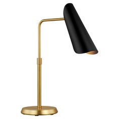 a black and gold desk lamp on a white background, with the light turned off